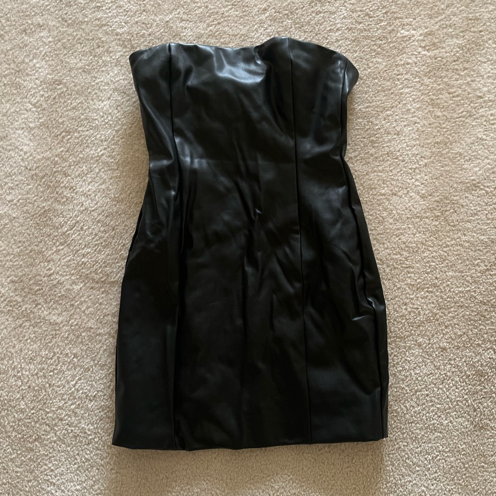 Mesh Pamela Strapless Faux Leather Mini Dress